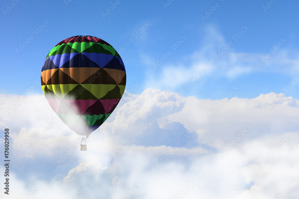 Fototapeta premium Aerostat floating in day sky. Mixed media