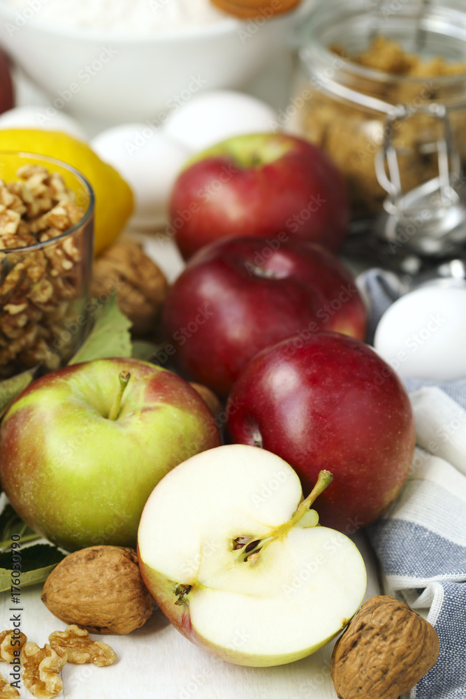Ingredients for baking apple and nuts pie Ingredients for baking apple and nuts pie