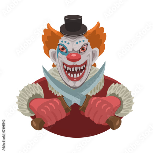 Evil clown with knife scares/ The evil red-haired clown with knives he smiles, he scares knives that have interbred with each other like bones with a skull!