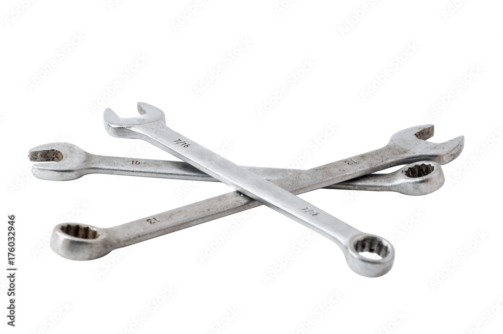 Three combination wrenches on a white background. Three combination wrenches on a white background.