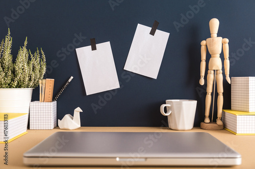 Mock up with two sticky notes with laptop closed, houseplant and dummy.