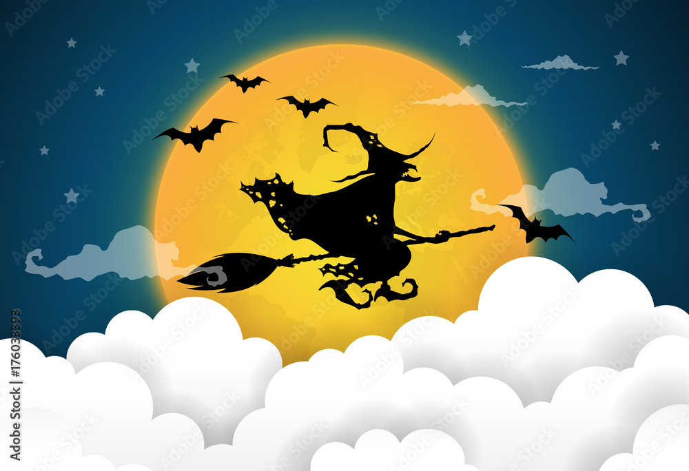 vector illustration of a witch silhouette over a dark halloween night sky. vector illustration of a witch silhouette over a dark halloween night sky.