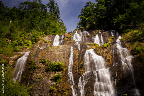 Foamy Tropical Waterfall Jets on Rocks in Jungle