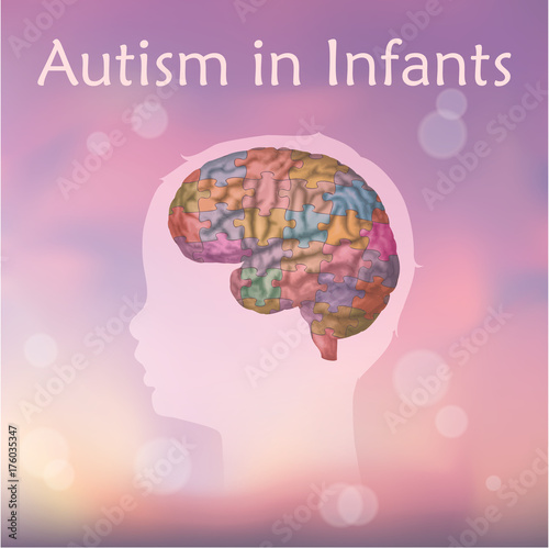 Autism in infants. Vector medical illustration. Kid, baby, childhood. Blurred pink background, silhouette of child head, anatomy image of brain, puzzle.