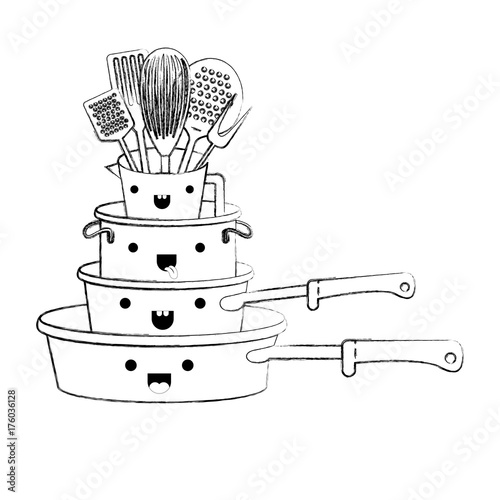 stewpan stack and kitchen utensils monochrome blurred kawaii silhouette