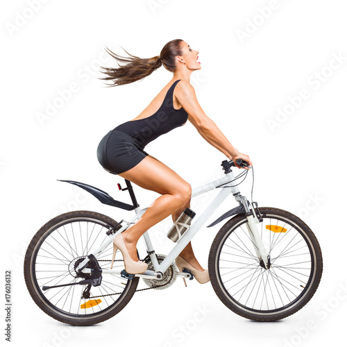 Woman with bicycle isolated on white