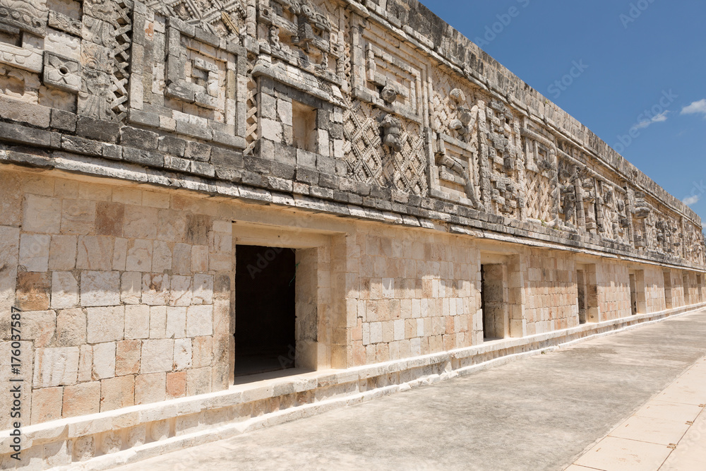 rich facade carvings at the prehispanic town of Uxmal , a Unesco World Heritage site