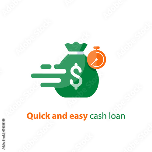 Fast loan, quick money, finance services, timely payment, stopwatch and money bag, vector icon