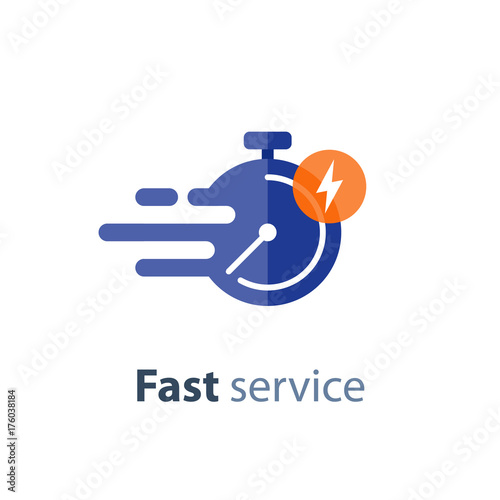 Timely service, fast delivery, time period, stopwatch in motion, vector icon