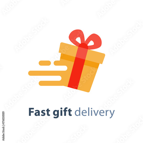 Gift box in motion icon, fast gift delivery service, present quick solution, vector illustration