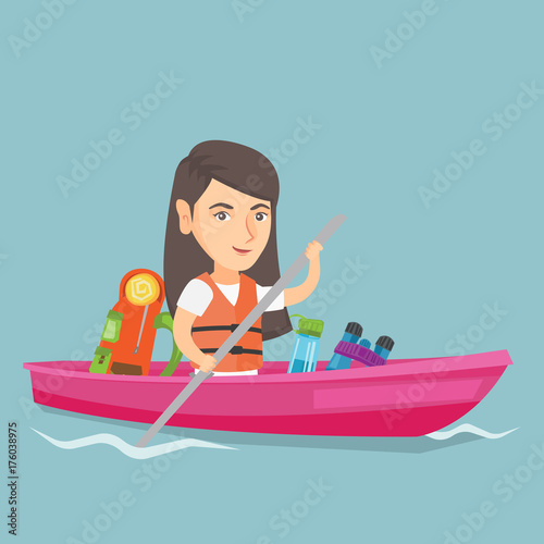 Young caucasian traveler woman riding a kayak on the river. Cheerful traveler woman traveling by kayak. Concept of travel and tourism. Vector cartoon illustration. Square layout.