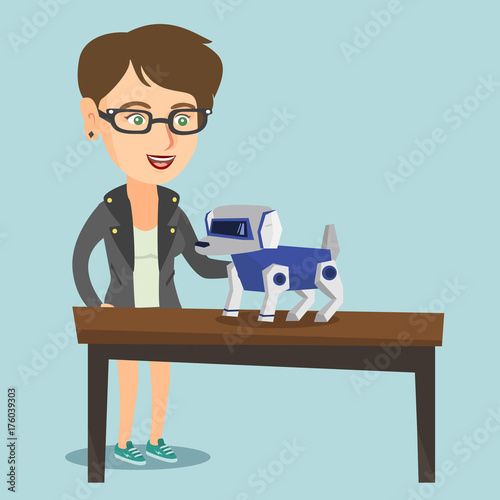 Happy young caucasian woman playing with a robotic dog. Woman standing next to the table with a cyber dog on it. Woman stroking a robotic dog. Vector cartoon illustration. Square layout.