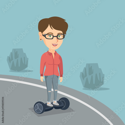 Young caucasian woman riding a self-balancing electric scooter in the park. Woman riding a gyroscooter outdoor. Joyful woman standing on the gyroboard. Vector cartoon illustration. Square layout.