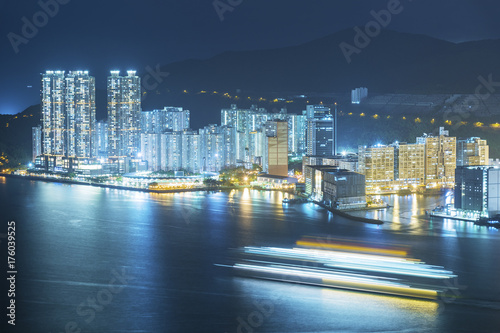 Harbor of Hong Kong city at night