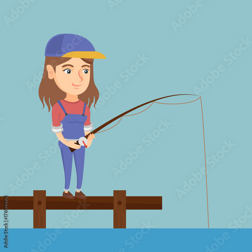 Young caucasian woman relaxing during fishing on jetty. Cheerful fisherwoman fishing on lake. Angler standing on the jetty with a fishing-rod in hands. Vector cartoon illustration. Square layout.