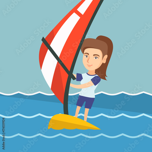 Young caucasian woman windsurfing in the sea. Woman standing on the board with a sail for windsurfing. Windsurfer training on water. Vector cartoon illustration. Square layout.