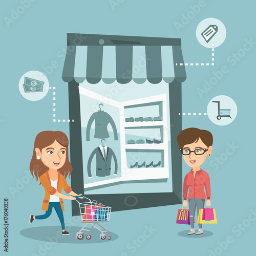 Two caucasian women walking in the store that looks like a tablet computer. Young happy women doing online shopping. Women using mobile shopping. Vector cartoon illustration. Square layout.