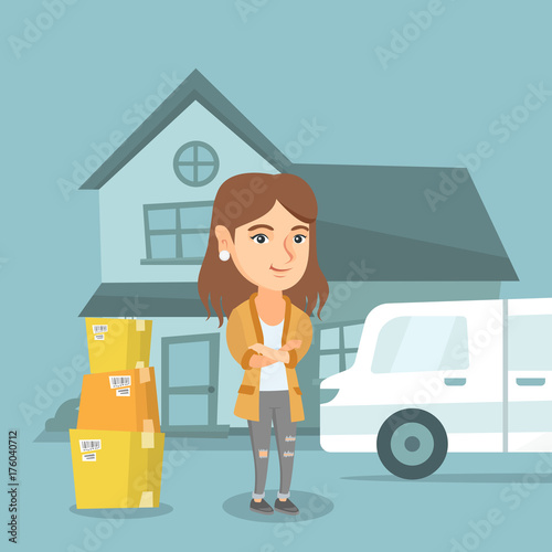 Young happy caucasian woman moving to a new house. Smiling homeowner standing on the background of new house and pantechnicon van with cardboard boxes. Vector cartoon illustration. Square layout.