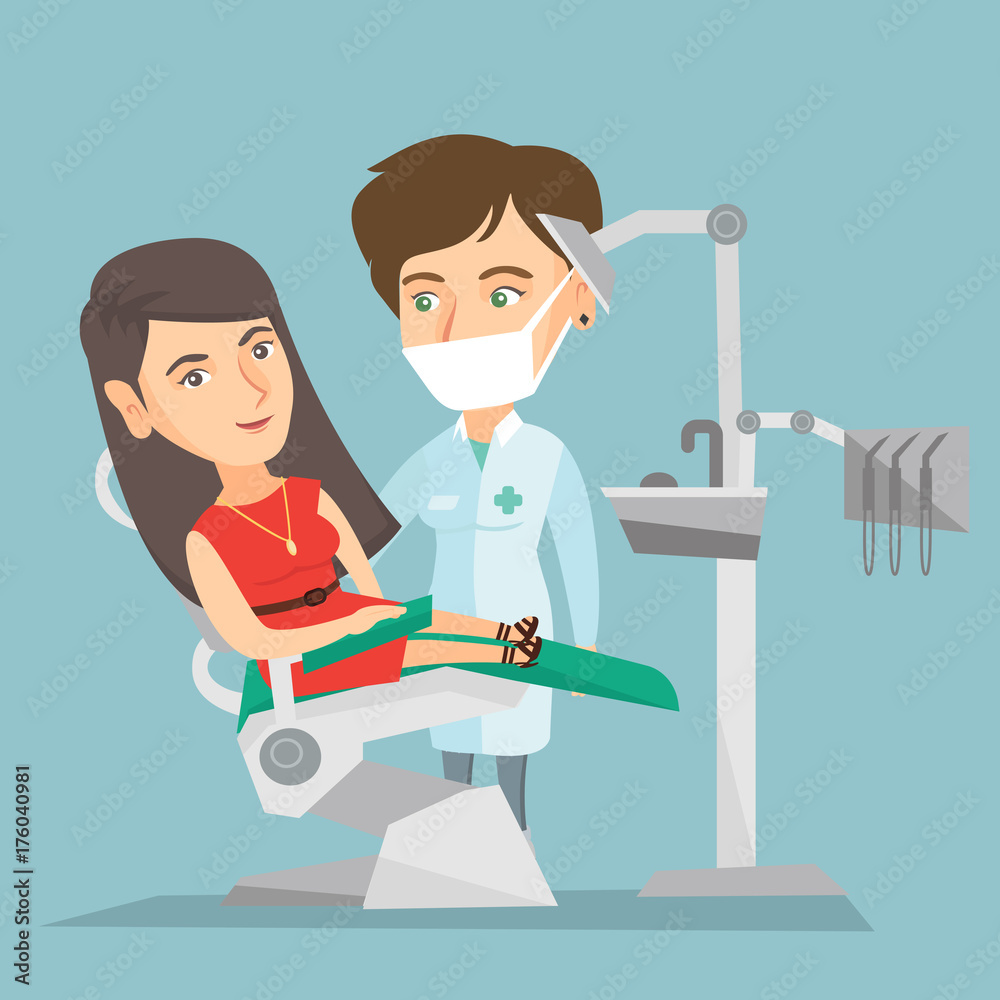 Young caucasian woman sitting in a dental chair while a dentist standing nearby. Patient at a reception at a dentist in the dental clinic. Vector cartoon illustration. Square layout. Young caucasian woman sitting in a dental chair while a dentist standing nearby. Patient at a reception at a dentist in the dental clinic. Vector cartoon illustration. Square layout.