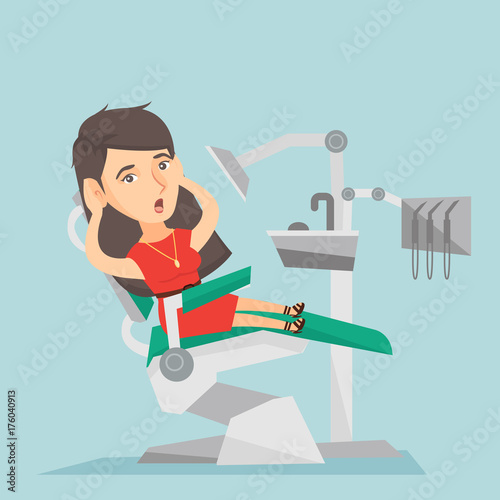 Frightened caucasian patient sitting in the dental chair in the office of a dentist. Scared woman visiting a dentist in the dental clinic. Vector cartoon illustration. Square layout.