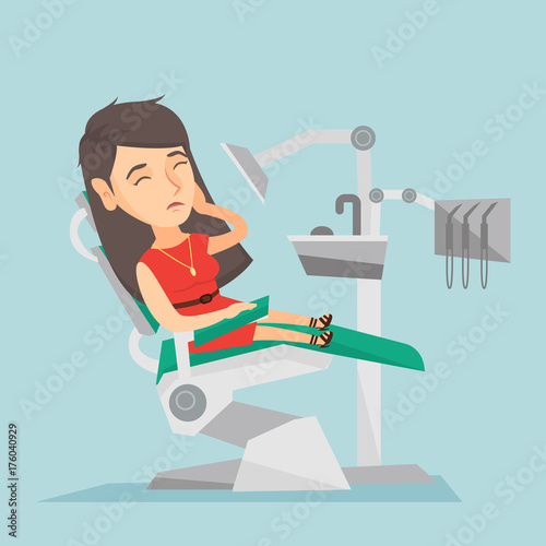 Young upset caucasian patient visiting a dentist because of toothache. Sad patient suffering from toothache. Sorrowful woman having a strong toothache. Vector cartoon illustration. Square layout.