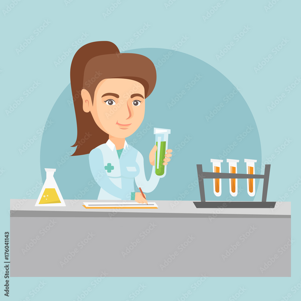 Young caucasian laboratory assistant working with a test tube and taking some notes. Female laboratory assistant analyzing liquid in a test tube. Vector cartoon illustration. Square layout. Young caucasian laboratory assistant working with a test tube and taking some notes. Female laboratory assistant analyzing liquid in a test tube. Vector cartoon illustration. Square layout.