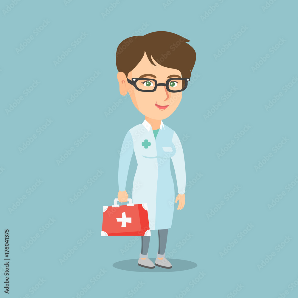 Caucasian doctor in medical gown holding a first aid box. Full length of young doctor standing with a first aid kit. Doctor carrying a first aid box. Vector cartoon illustration. Square layout.