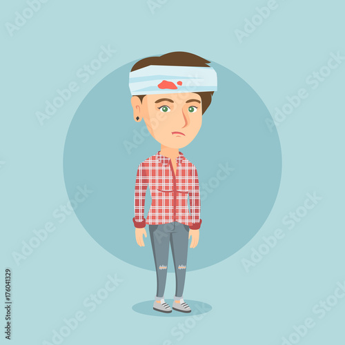 Upset caucasian woman with bandages around her head. Sad injured woman with a bandaged head. Full length of a young woman wounded in head. Vector cartoon illustration. Square layout.