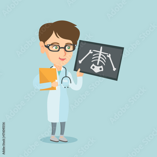 Caucasian roentgenologist doctor in a medical gown examining a skeleton radiograph. Young smiling roentgenologist doctor looking at a skeleton radiograph. Vector cartoon illustration. Square layout.