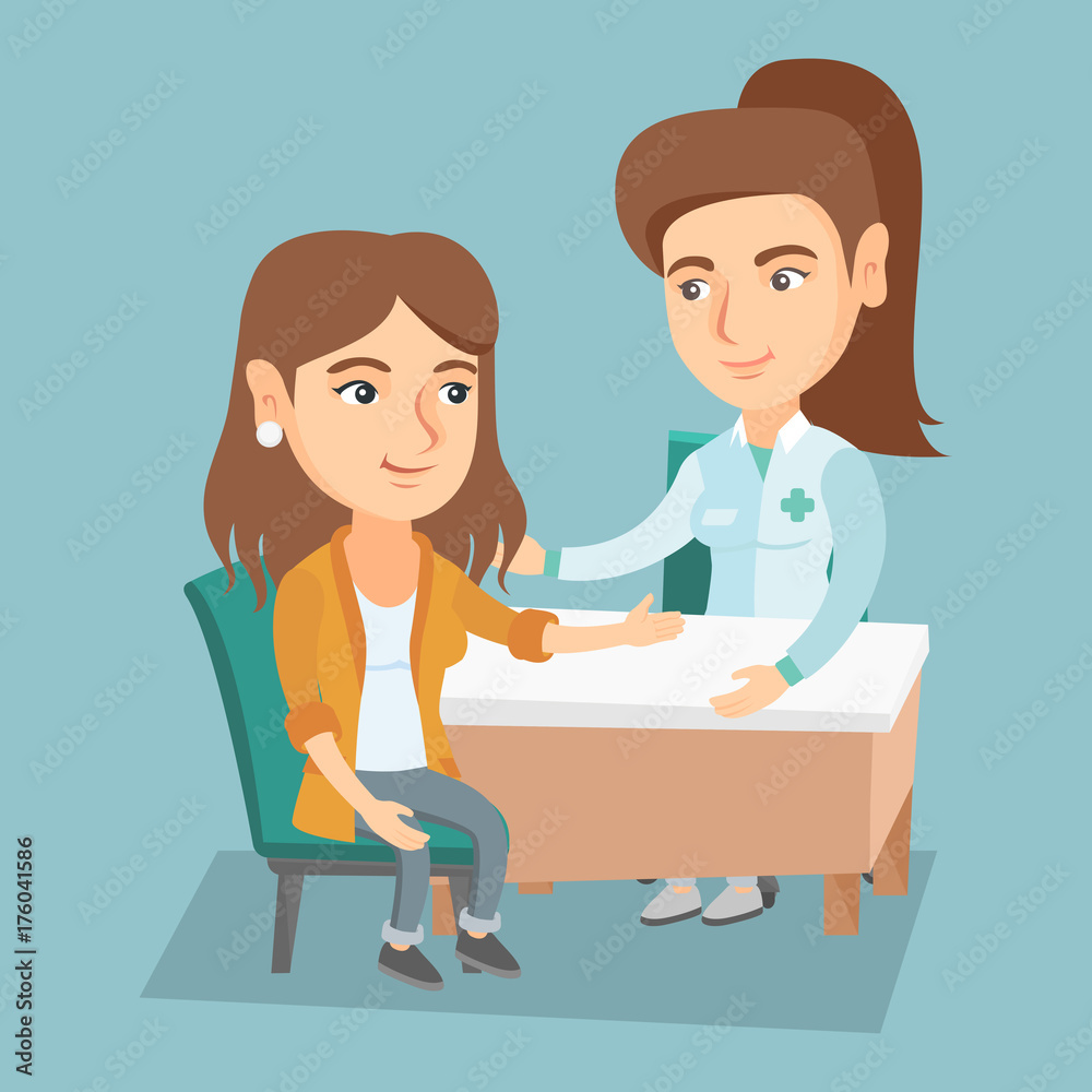 Caucasian therapist doctor consulting a patient in the office. Therapist  doctor talking to a young female patient about her state of health. Vector  cartoon illustration. Square layout. Stock Vector | Adobe Stock