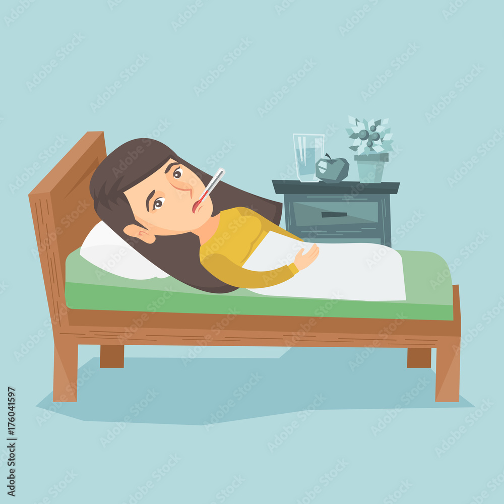 Caucasian sick woman with fever laying in bed. Sick woman measuring  temperature with a thermometer in her mouth. Sick woman suffering from cold  or flu virus. Vector cartoon illustration. Square layout Stock