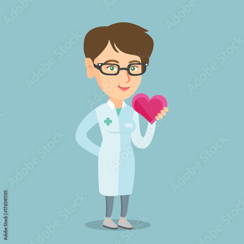 Caucasian cardiologist in a medical coat showing a heart. Doctor cardiologist holding a heart. Concept of health care and prevention of heart problems. Vector cartoon illustration. Square layout.