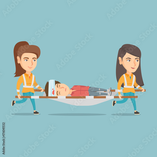 Caucasian emergency doctors transporting victim after accident on the stretcher. Team of emergency doctors carrying an injured woman on medical stretcher. Vector cartoon illustration. Square layout.