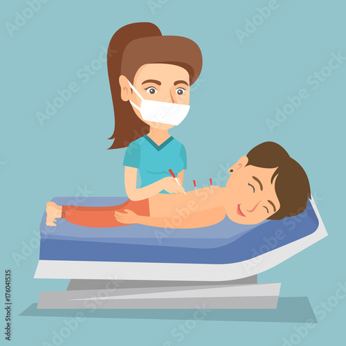 Young caucasian woman getting acupuncture treatment in the spa. Acupuncturist performing acupuncture therapy on the back of a customer in a beauty salon. Vector cartoon illustration. Square layout.