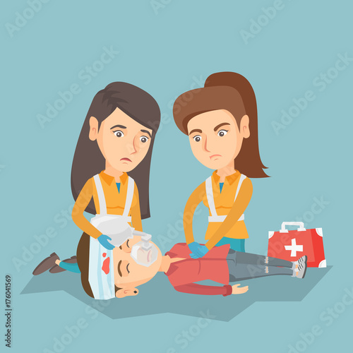 Caucasian paramedics doing cardiopulmonary resuscitation of a woman. Team of young emergency doctors during process of resuscitation of an injured woman. Vector cartoon illustration. Square layout.