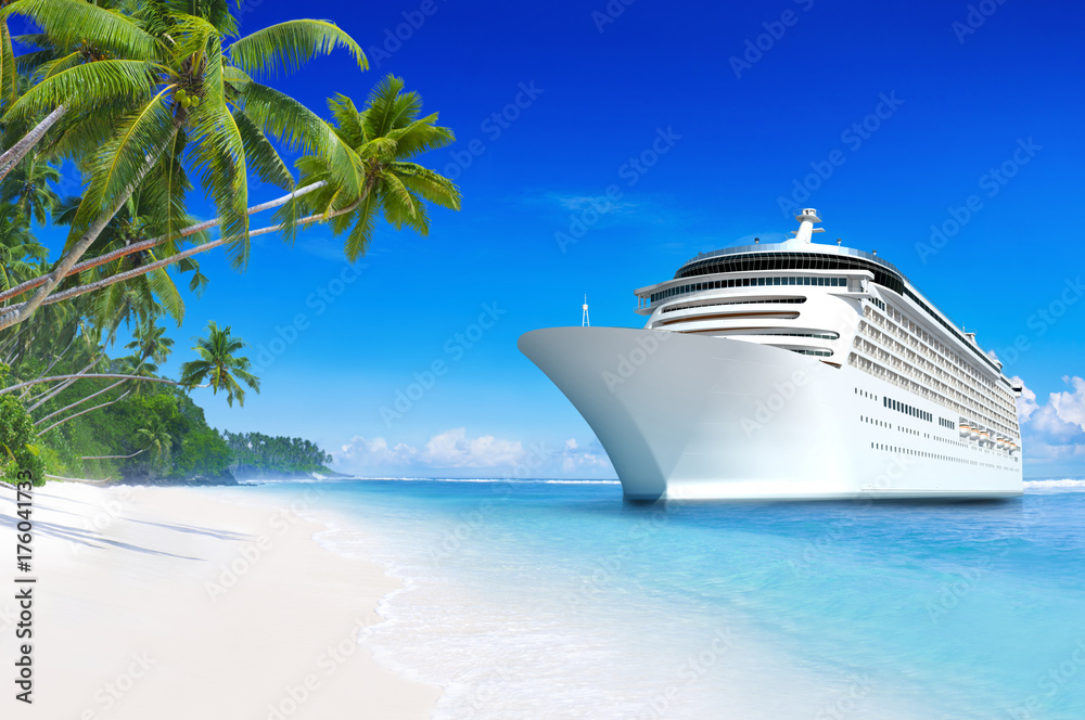 3D cruise ship at a tropical beach paradise in Samoa - obrazy, fototapety, plakaty 