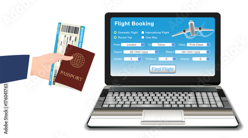 laptop online flight booking with ticket passport
