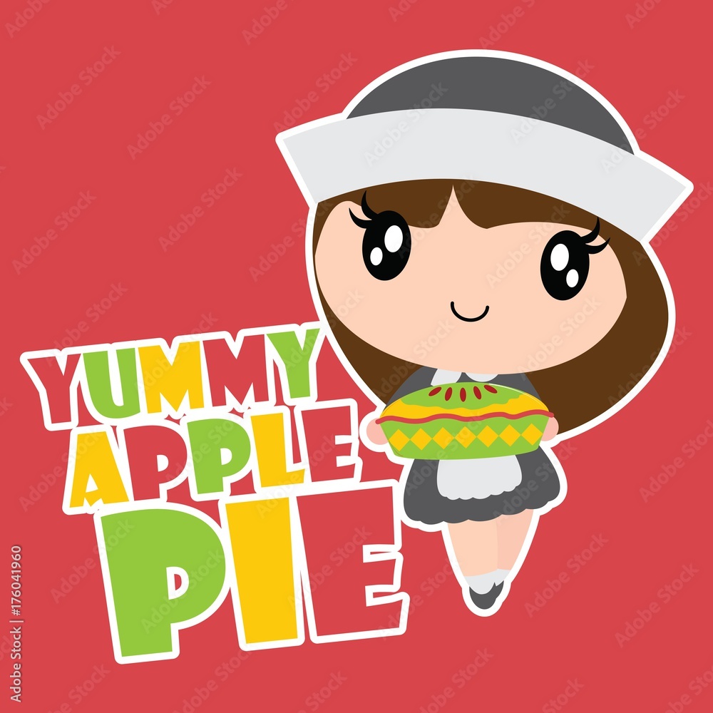 Cute pilgrim girl brings apple pie vector cartoon illustration for happy thanksgiving's day card design, wallpaper and kid t-shirt design Cute pilgrim girl brings apple pie vector cartoon illustration for happy thanksgiving's day card design, wallpaper and kid t-shirt design