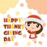 Cute pilgrim girl is happy on maple leaves background vector cartoon illustration for happy thanksgiving's day card design, wallpaper and kid t-shirt design