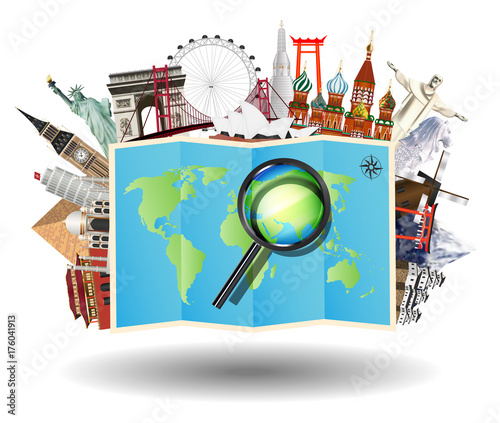 magnifying glass on map with world travel landmark