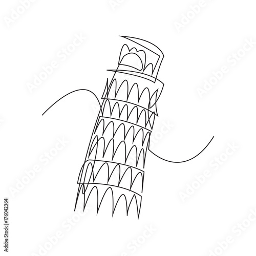 Leaning Tower of Pisa - black one continuous line drawing vector illustration isolated on white background