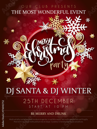 Vector illustration of christmas party poster with hand lettering label - christmas - with stars, sparkles, snowflakes and swirls