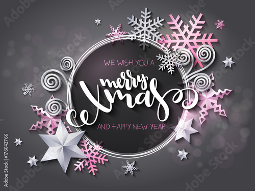 Vector illustration of christmas greeting card with hand lettering label - merry xmas - with stars, sparkles, snowflakes and swirls