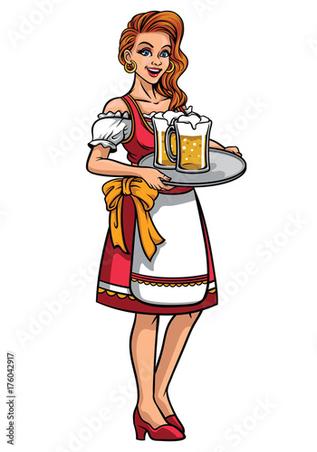 beautiful girl of oktoberfest wearing thaditional clothing and presenting the beers