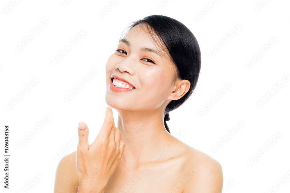 Beautiful woman face close up portrait studio on white background Beautiful woman face close up portrait studio on white background