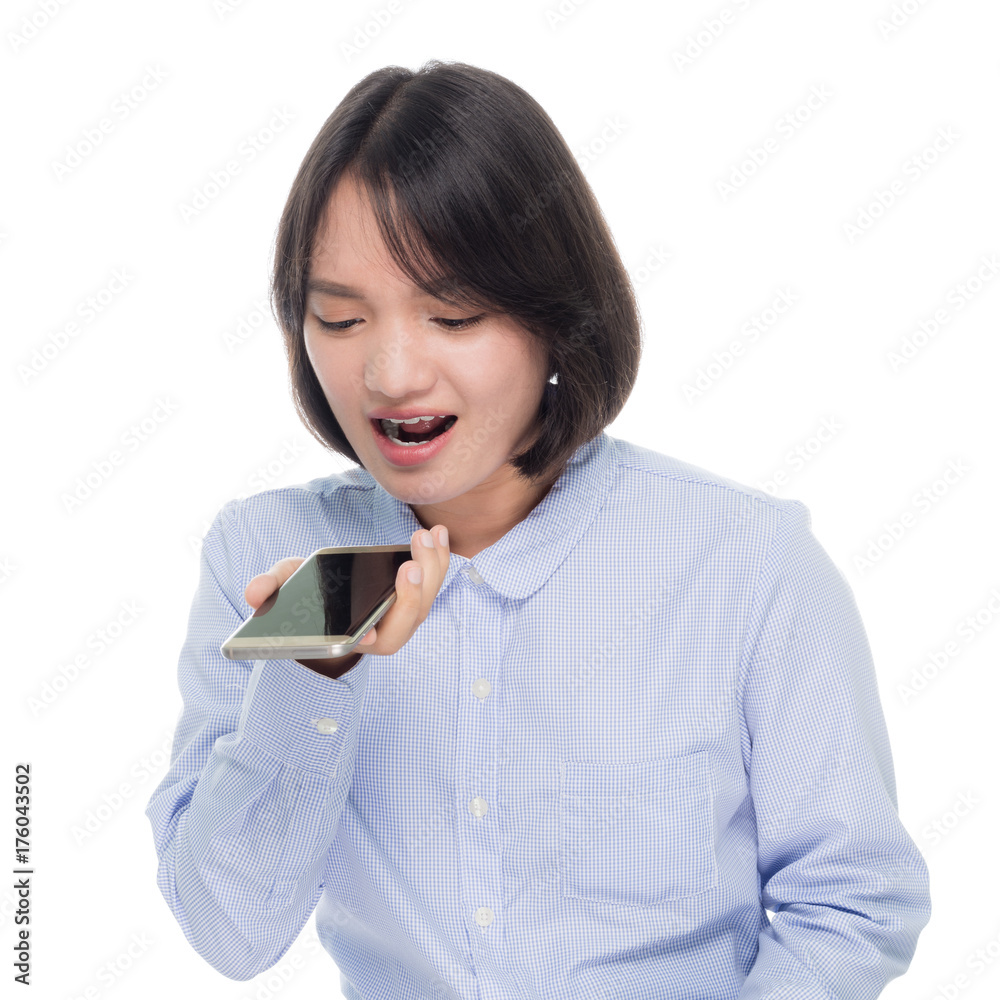 Portrait of a beautiful asian business woman with smart phone. Isolated on white background Portrait of a beautiful asian business woman with smart phone. Isolated on white background