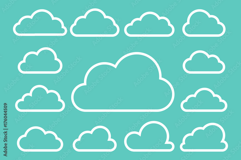 Set of white clouds collection on blue background, set template for web design and app Set of white clouds collection on blue background, set template for web design and app