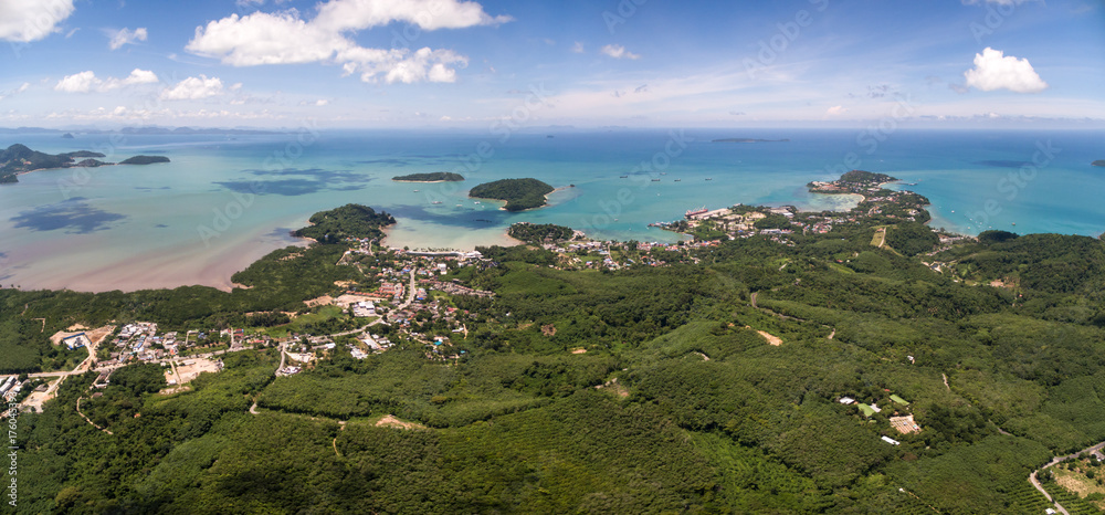 Cape Panwa And Nearby Islands In Phuket Province, Thailand, Aerial Drone Panorama