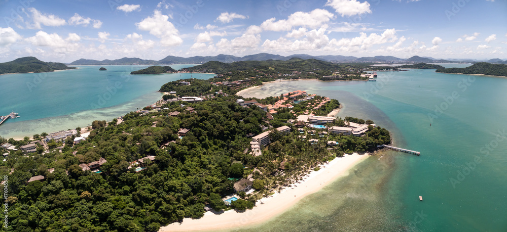 Sandy Beach and Holiday Resorts On Cape Panwa, Phuket, Thailand, Aerial Drone Panorama