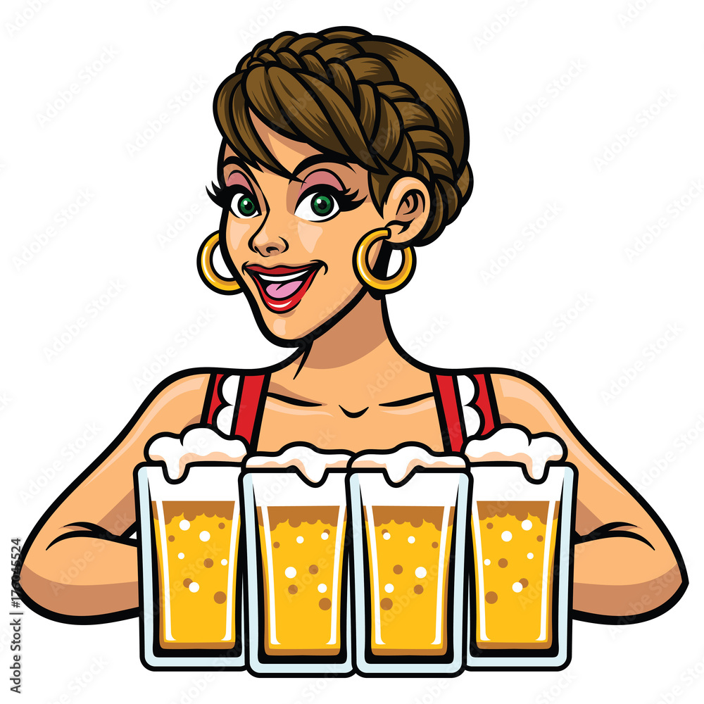 girl of oktoberfest holding bunch of beers girl of oktoberfest holding bunch of beers